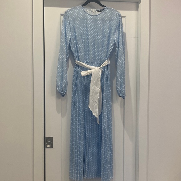 SHEIN Dresses & Skirts - SHEIN Light Blue Polka Dot Long-Sleeve Maxi Dress with White Waist Tie